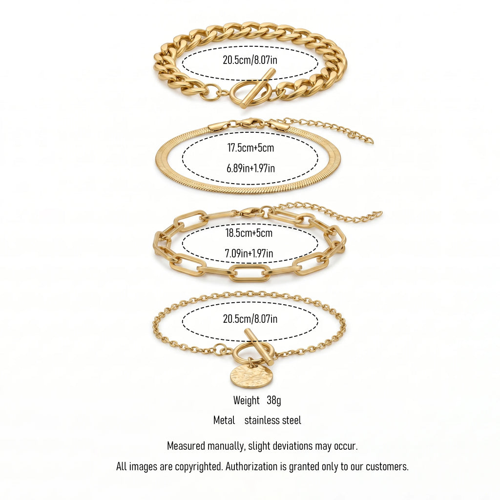 QIAOREN 11488 Trendy Stackable Gold Bracelet Set 4pcs Tarnish Free Stainless Steel Everyday Jewelry