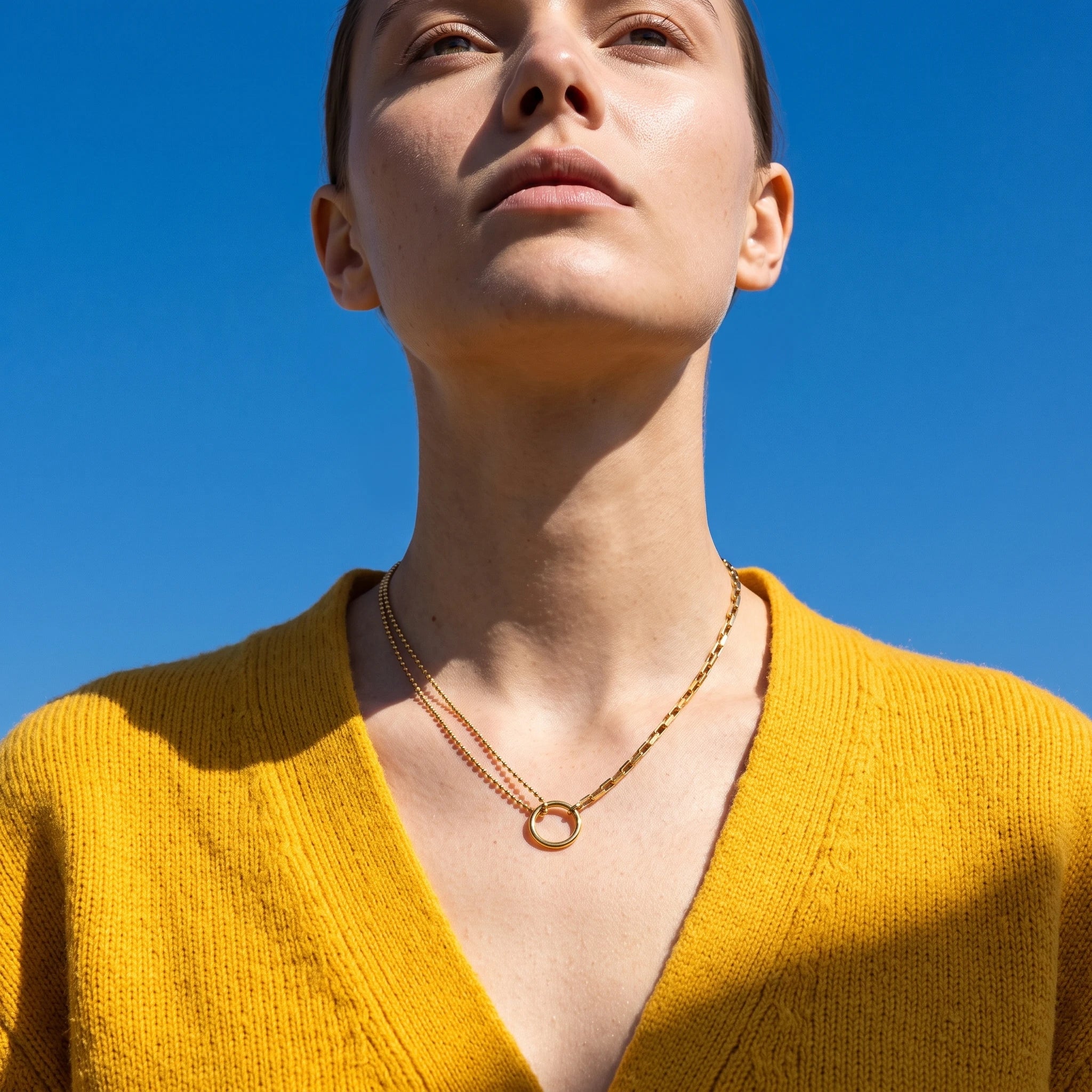 QIAOREN 13464 Circle Pendant Necklace with Ball Bead Chain & Paperclip Link Chain, Minimalist Layering Neck Jewelry Gift