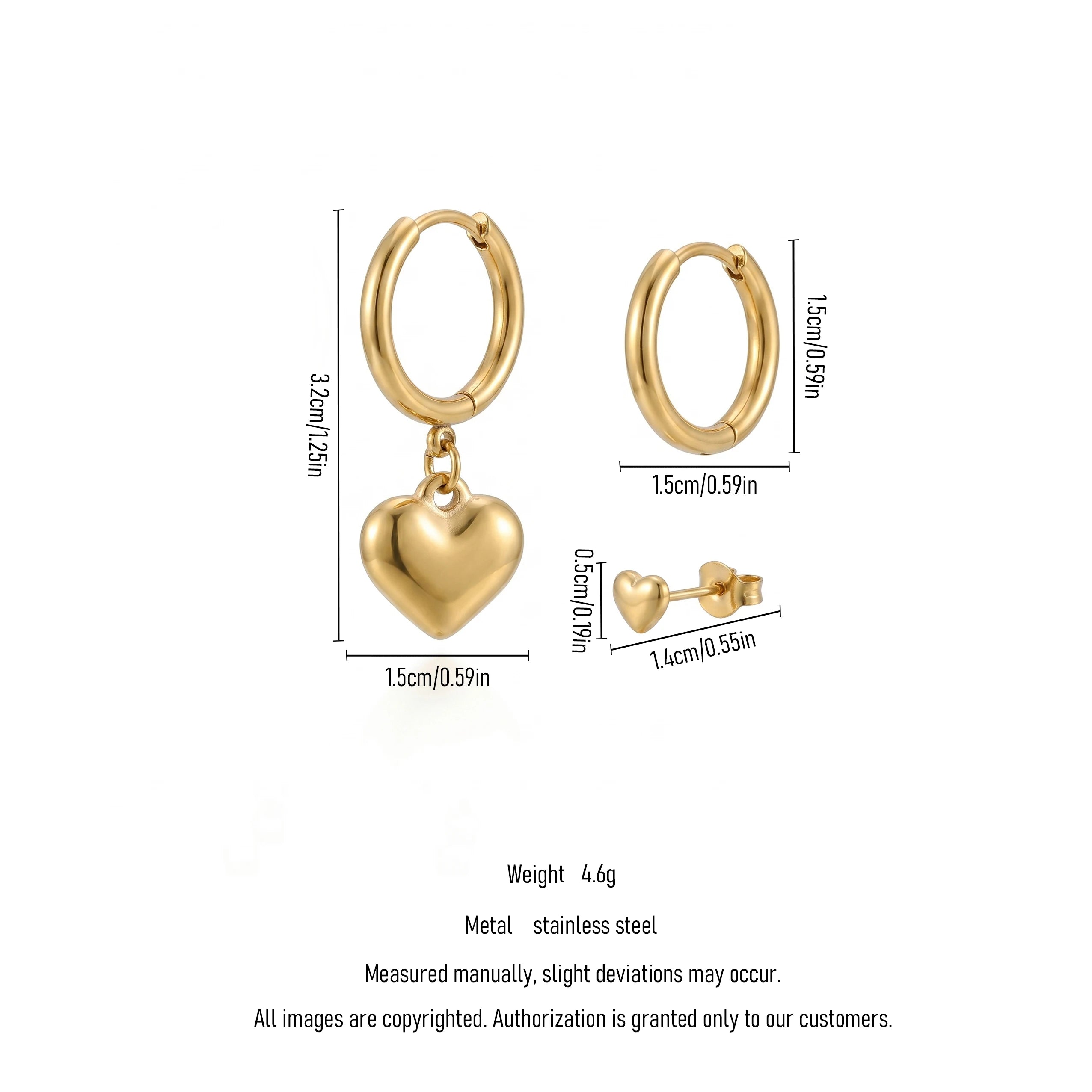 QIAOREN 11764 Minimalist Solid Puffy Heart Combo Earrings 18K Gold Plated Stainless Steel Hoop Stud Set Party Women's