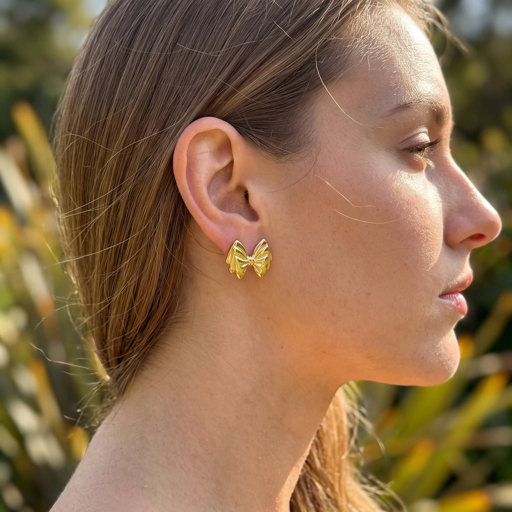 QIAOREN 14051 Polished Gold Double Layer Bow Knot Stud Earrings, 3D Stacked Ribbon Bow Ear Stud Jewelry Gift