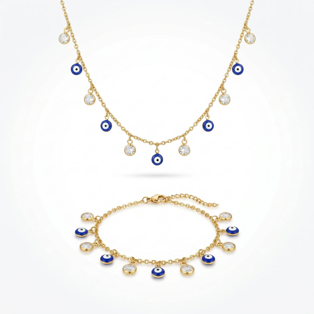 QIAOREN 12599 Dainty Blue Enamel  Jewelry Set Stainless Steel 18K Gold  Necklace Bracelet Hypoallergenic Lucky Amulet