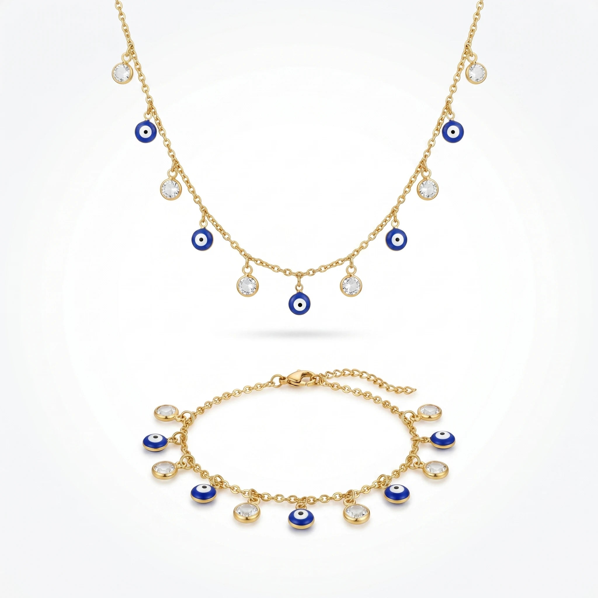 QIAOREN 12599 Dainty Blue Enamel  Jewelry Set Stainless Steel 18K Gold  Necklace Bracelet Hypoallergenic Lucky Amulet