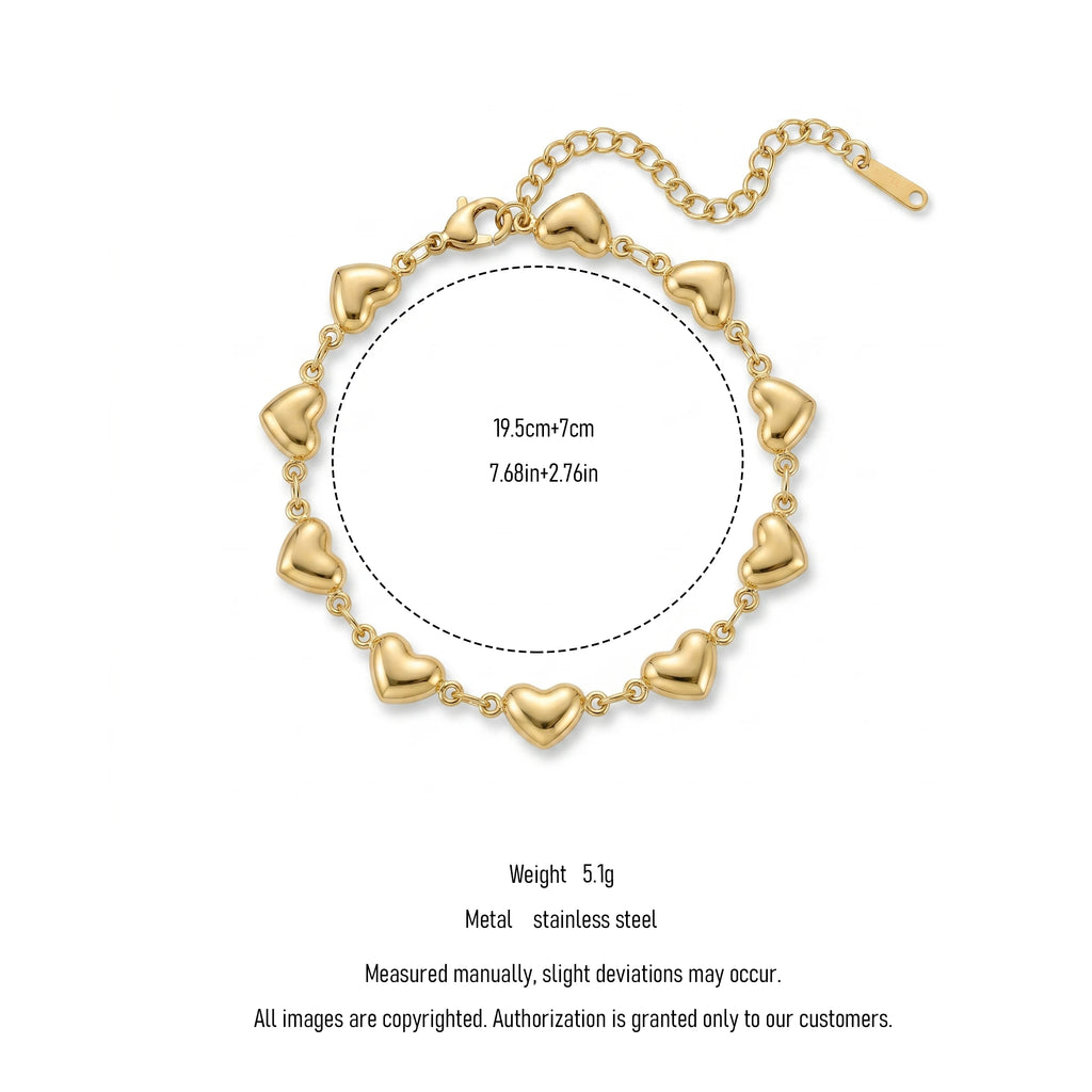 QIAOREN12063 Tarnish Resistant Stainless Steel All Smooth Mini 3D Heart Link Bracelet Lobster Clasp Stackable Wrist Accessory