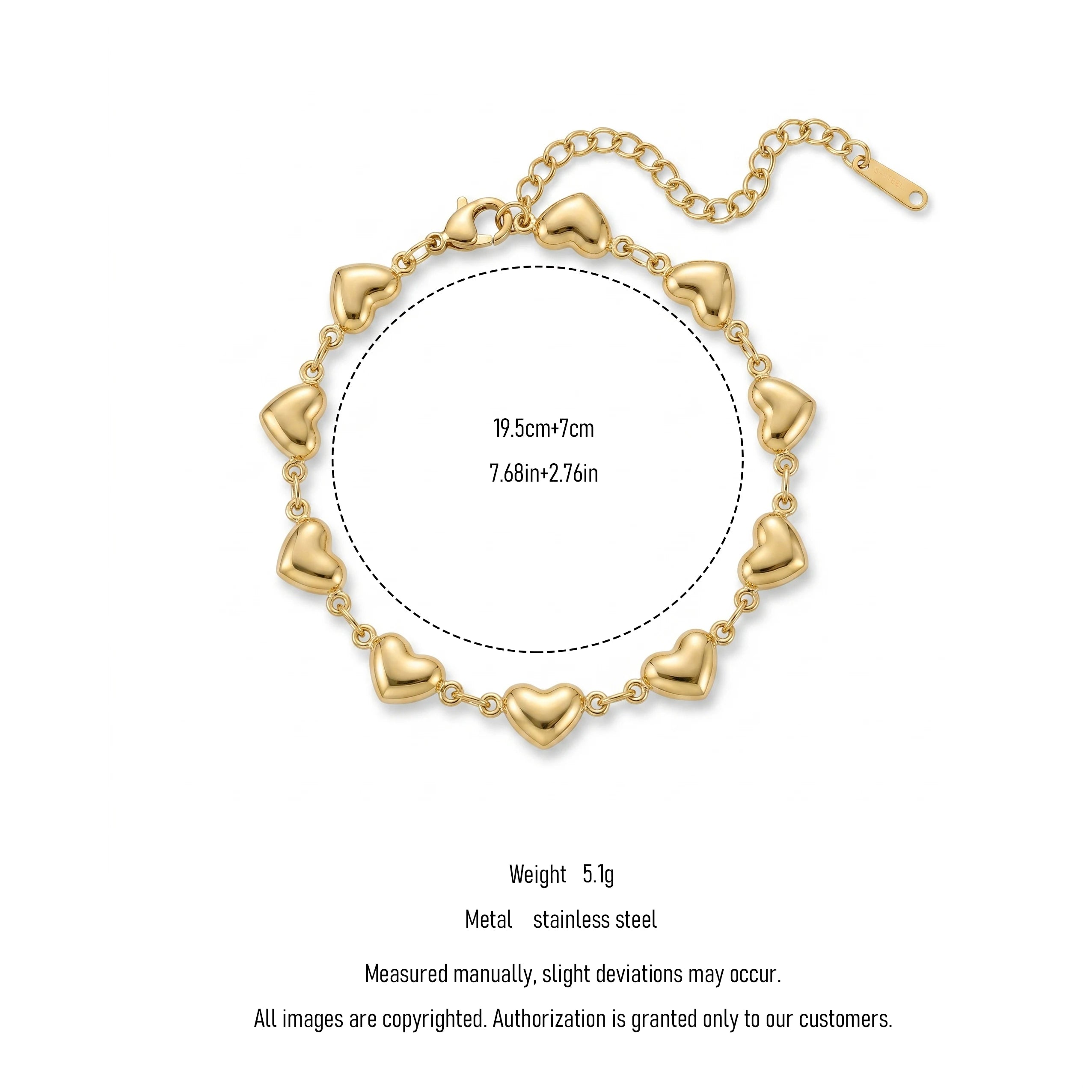 QIAOREN12063 Tarnish Resistant Stainless Steel All Smooth Mini 3D Heart Link Bracelet Lobster Clasp Stackable Wrist Accessory