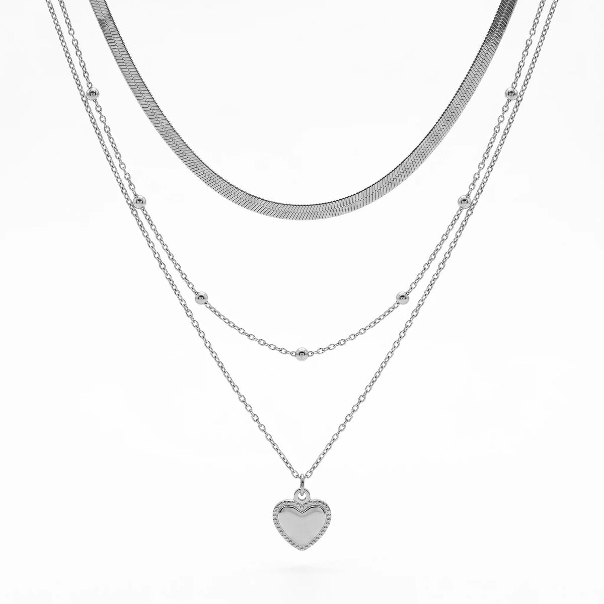 QIAOREN 12852 18K Gold Plated Layered Heart Necklace, Herringbone Snake Chain Beaded Pendant, Waterproof Stainless Steel Jewelry