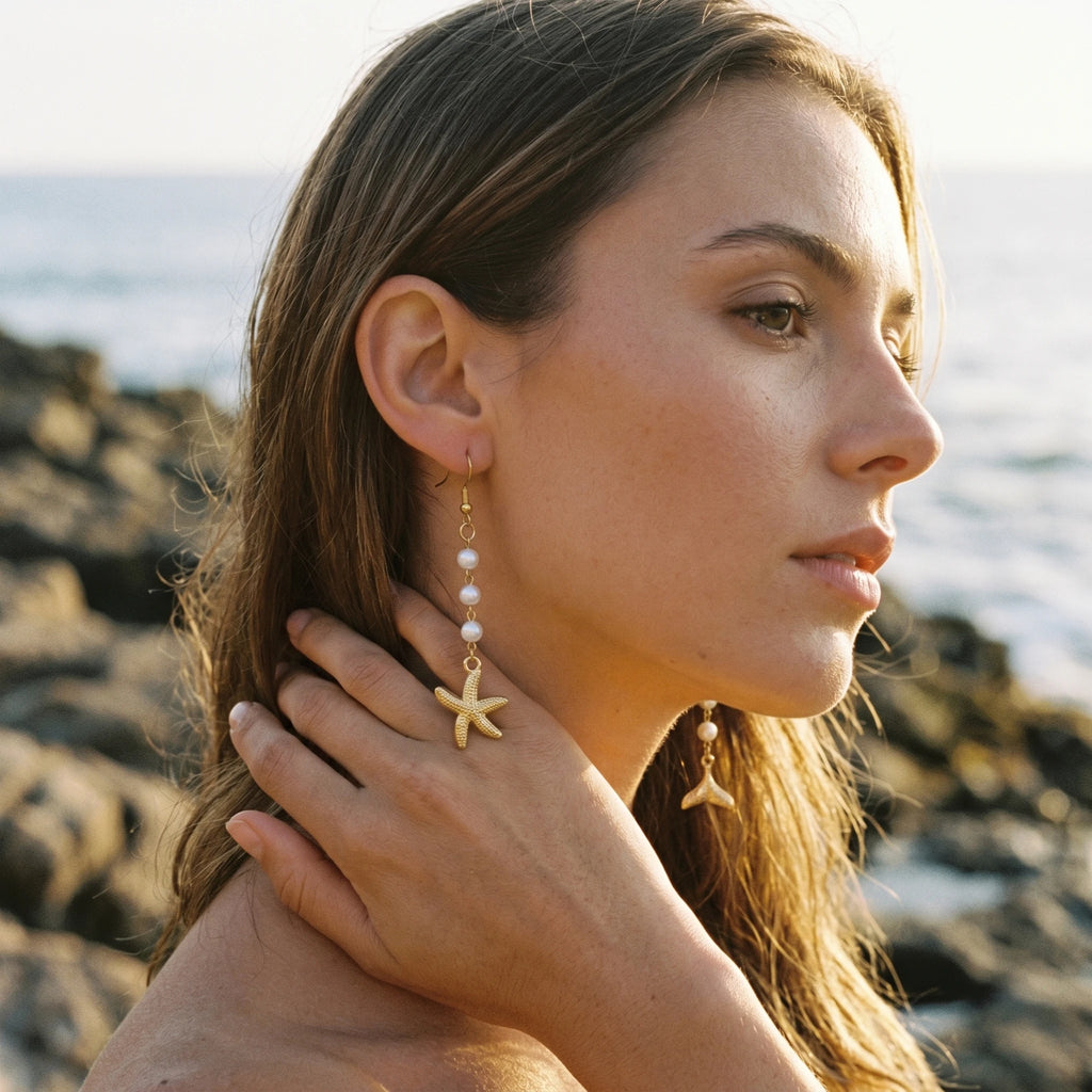 QIAOREN 10831 Waterproof Stainless Steel Ocean Theme Earrings Gold Plated Pearl Beach Jewelry