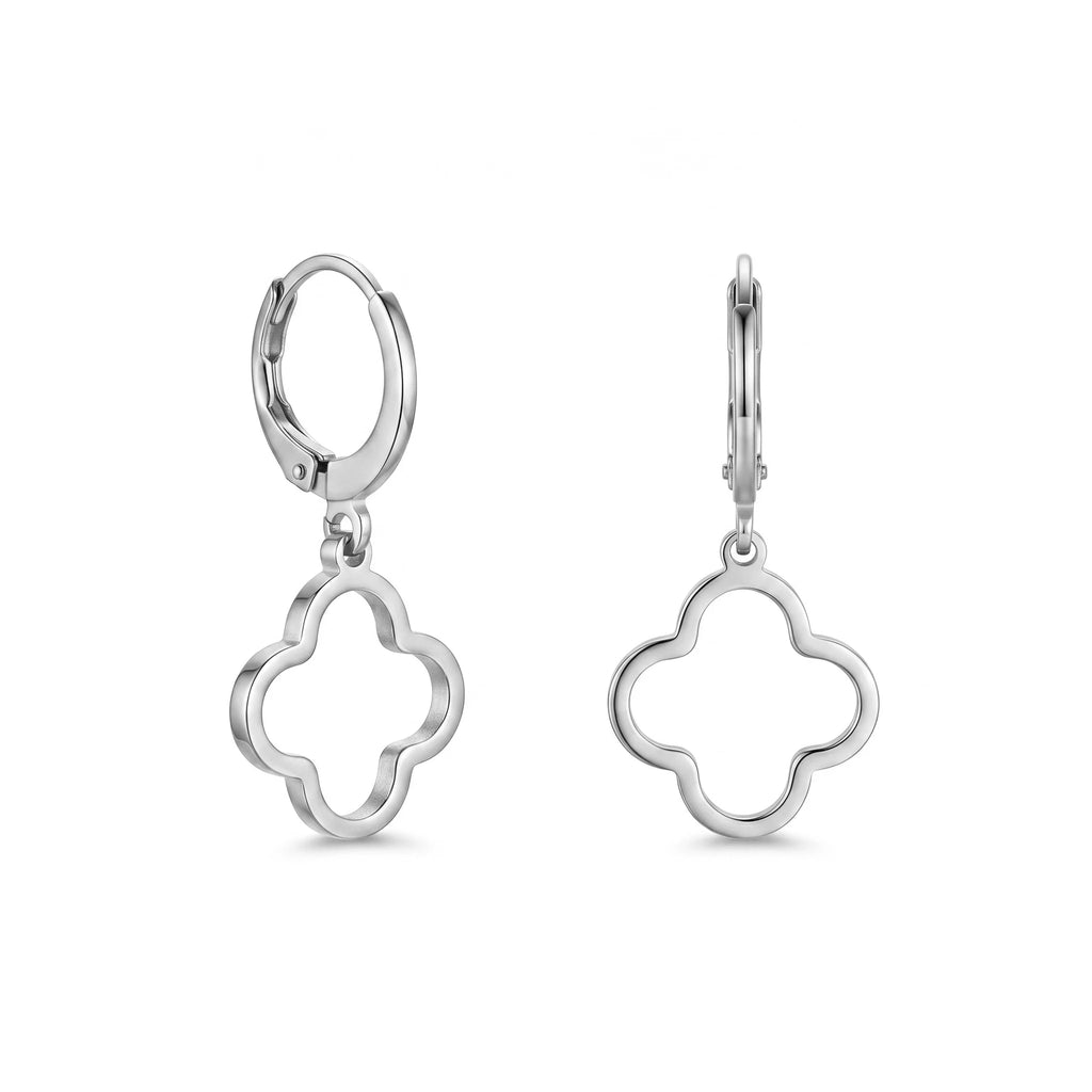 QIAOREN 10849 Waterproof Stainless Steel Clover Huggie Earrings, Gold Plated Hypoallergenic Floral Statement Jewelry