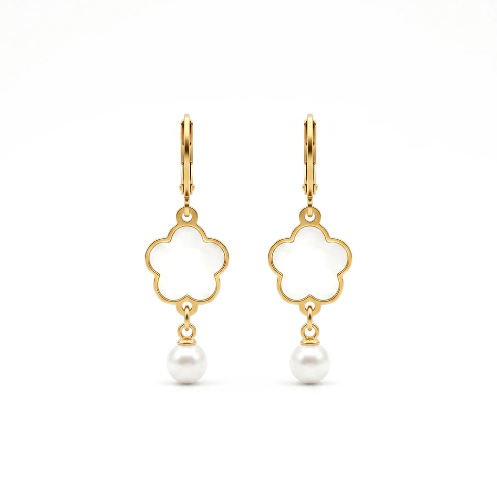 QIAOREN 11765Ins Elegant Four Leaf Clover Shell Pearl Drop Earrings 18K Gold Plated Stainless Steel Leverback Hoops Women's