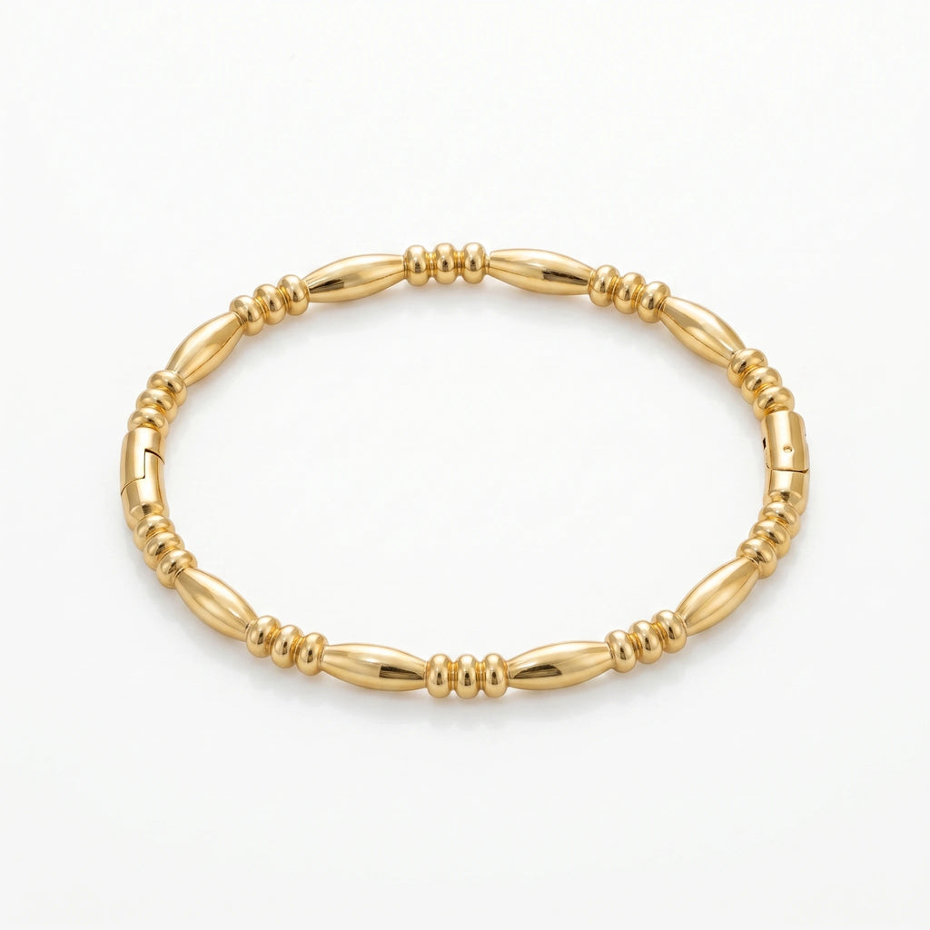 QIAOREN 12678 18K Gold Plated Stainless Steel Beaded Oval Bracelet Waterproof Tarnish Free Stretch Adjustable Women Jewelry