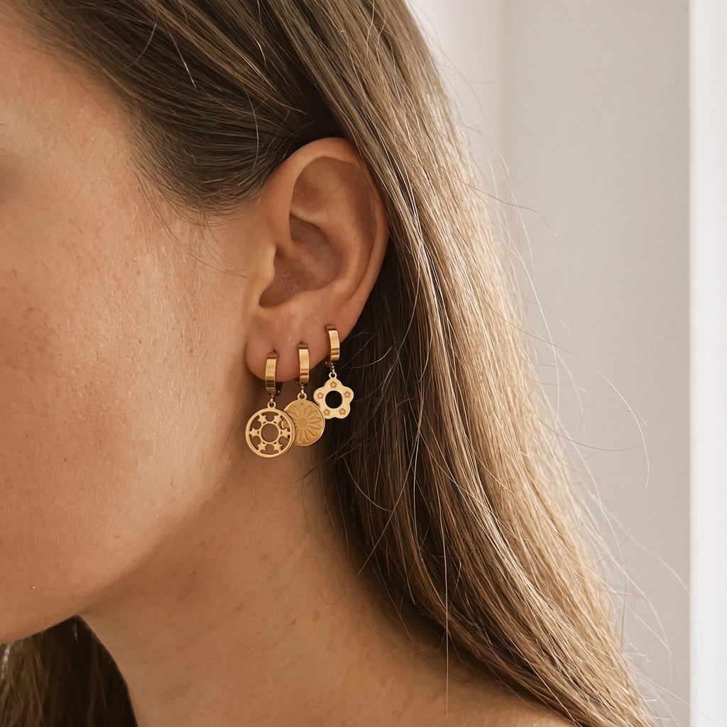 QIAOREN 14479 6 Pair Gold Stainless Steel Huggie Hoop Earrings Set, Bear & Floral Cutout Disc Dangle Drop Earrings