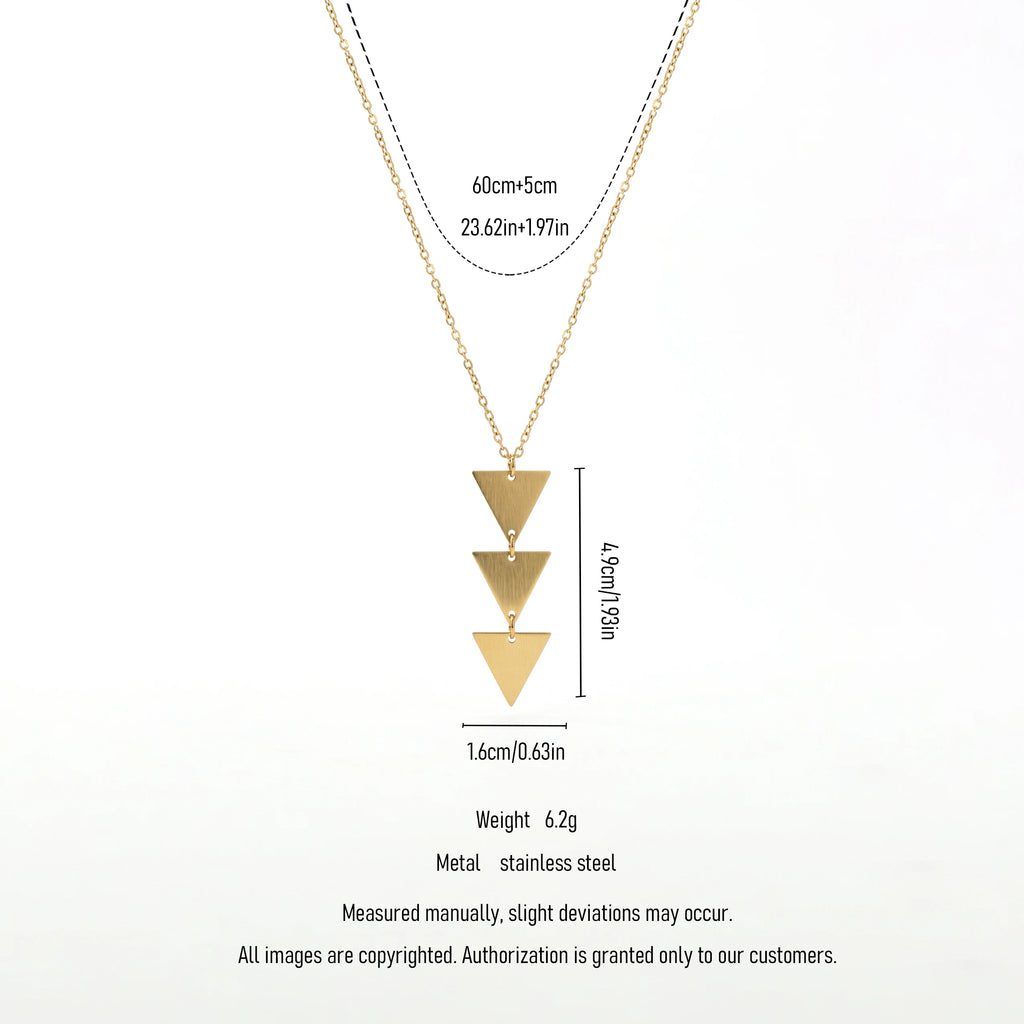QIAOREN 11803 18K Gold Plated Stainless Steel Anti-Tarnish Hypoallergenic Stacked Triangle Drop Pendant Cable Chain Necklace