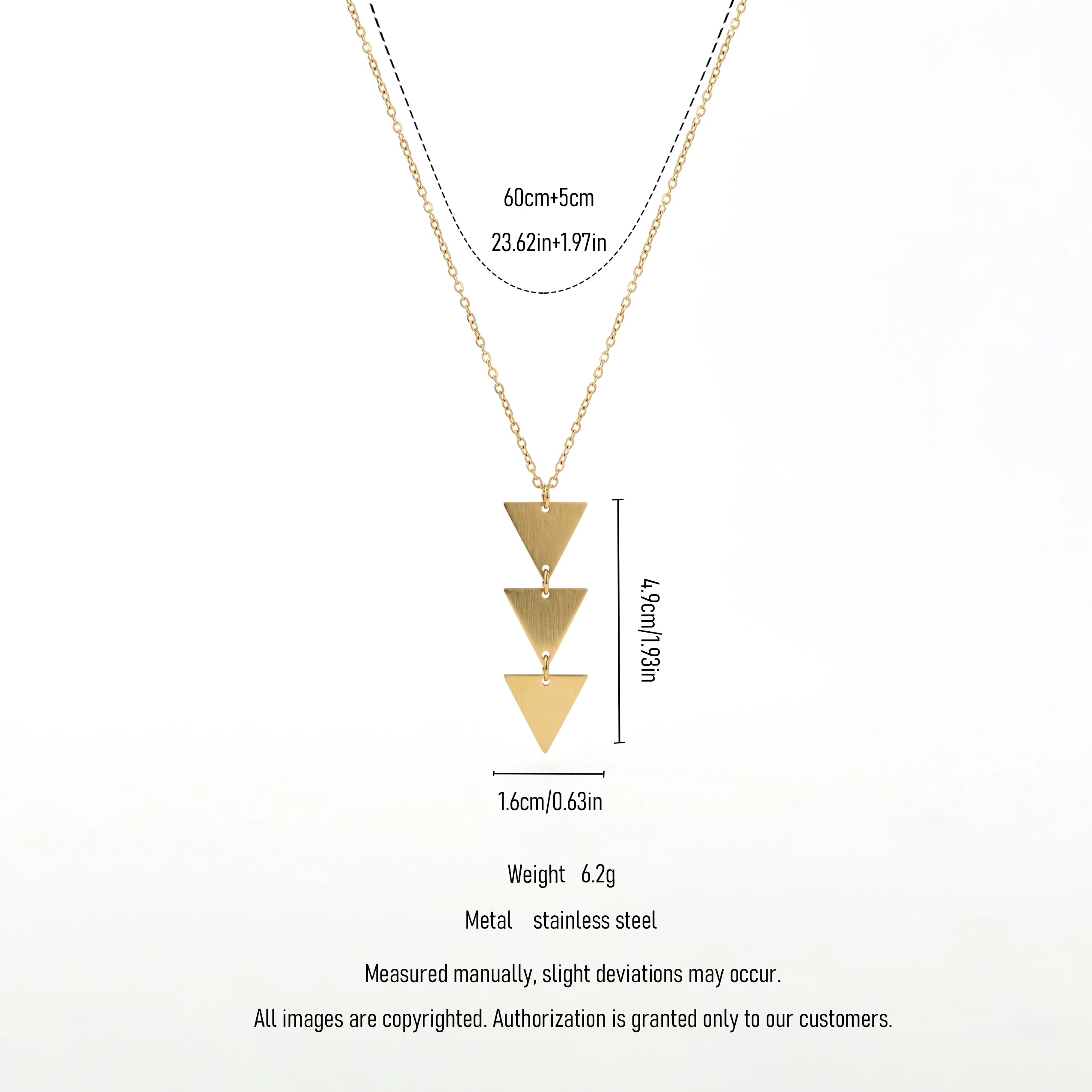 QIAOREN 11803 18K Gold Plated Stainless Steel Anti-Tarnish Hypoallergenic Stacked Triangle Drop Pendant Cable Chain Necklace
