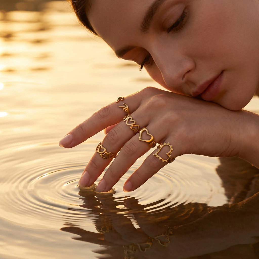 QIAOREN 13066-70 5Pcs 18K Gold Plated Stainless Steel Heart Open Ring Set, Adjustable Stackable Hollow Love Finger Rings