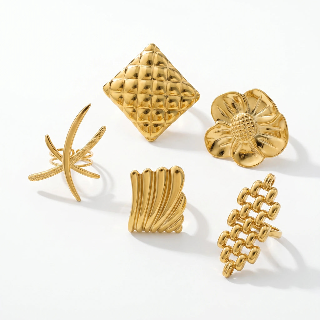 QIAOREN 14269-78 Vintage Textured Geometric Floral Open Cuff Ring Set, Adjustable Stackable Gold Tone Statement Rings