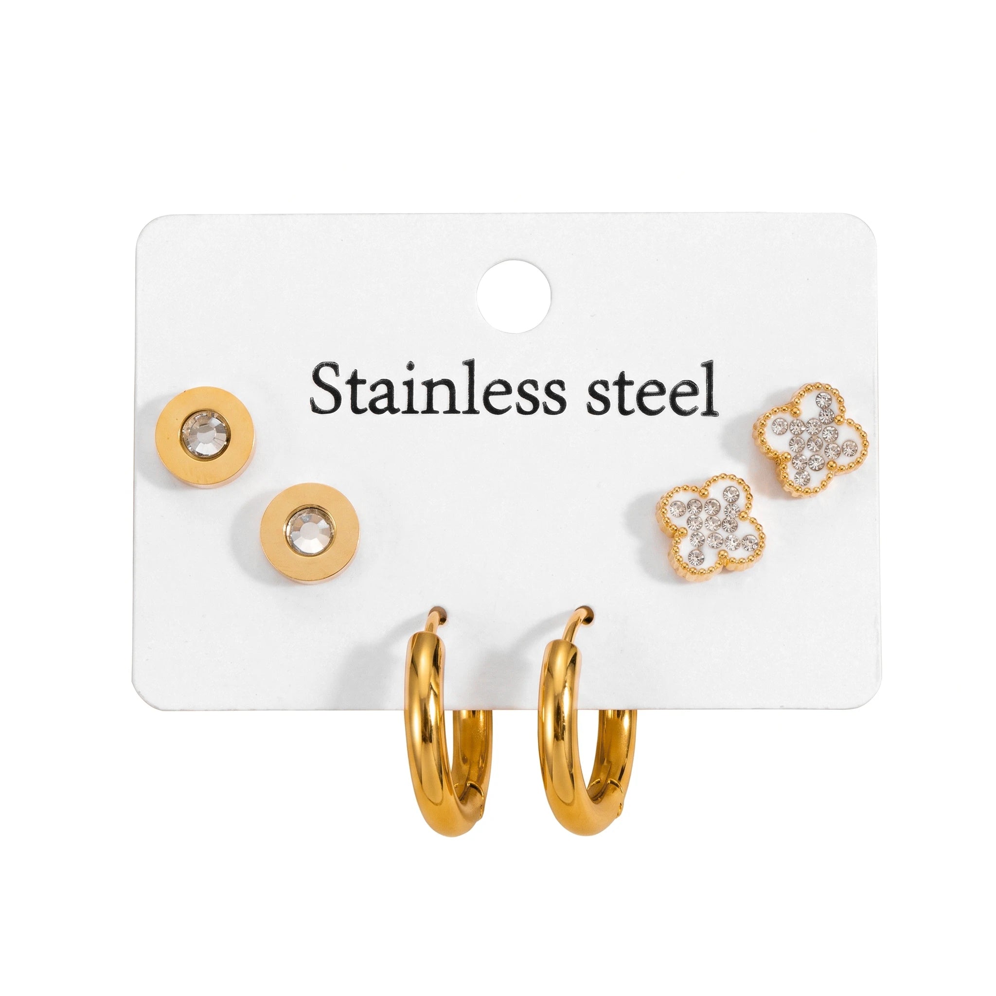 QIAOREN 14464 3 Pair Gold Stainless Steel Earrings Set, Round CZ Studs, Paved Clover Studs & Smooth Chunky for Daily Fashion