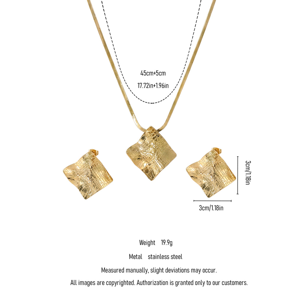 QIAOREN 11521 18K Gold Plated Stainless Steel Square Pendant Necklace Earrings Waterproof Tarnish Free Adjustable Women Jewelry