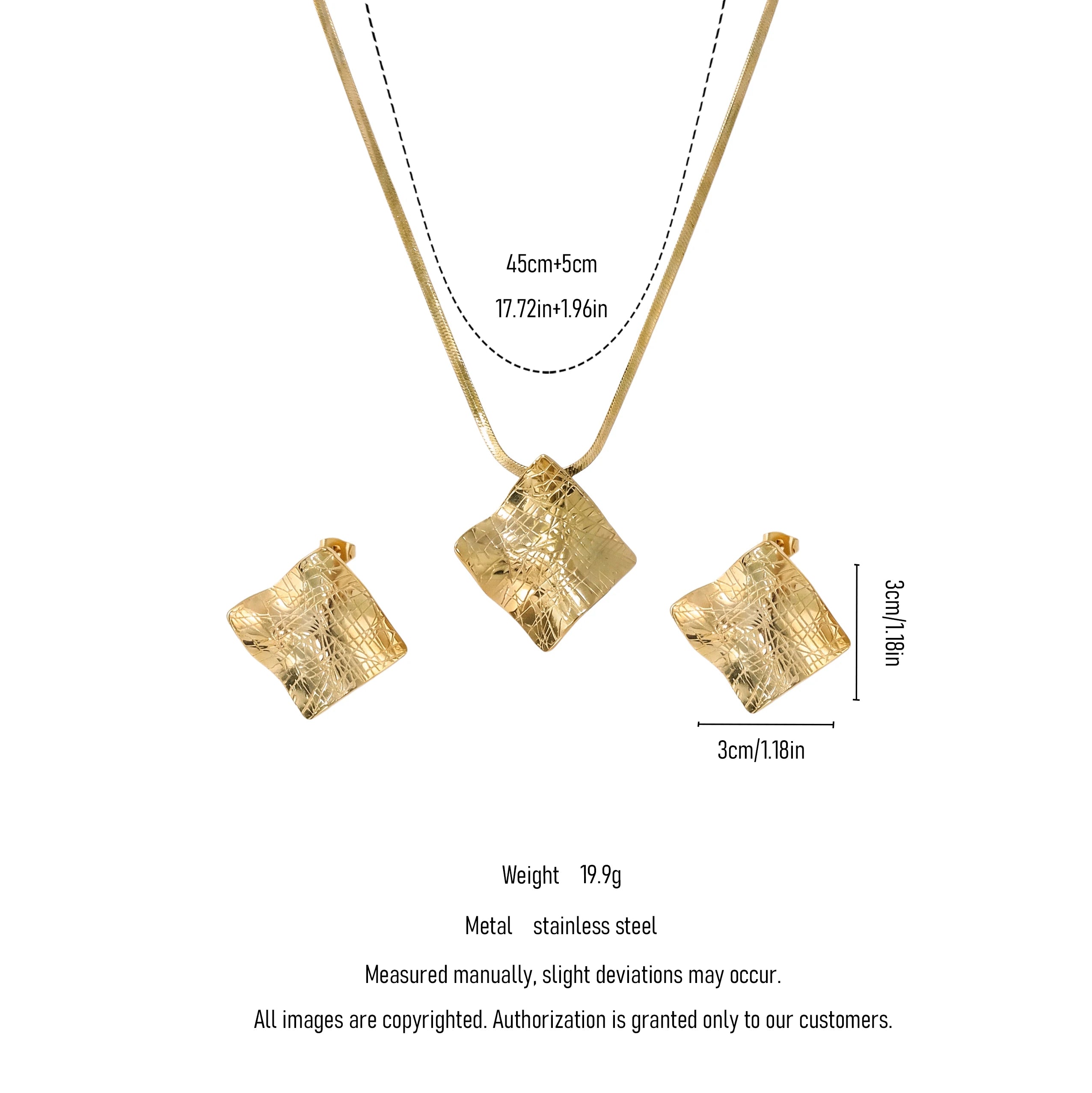 QIAOREN 11521 18K Gold Plated Stainless Steel Square Pendant Necklace Earrings Waterproof Tarnish Free Adjustable Women Jewelry