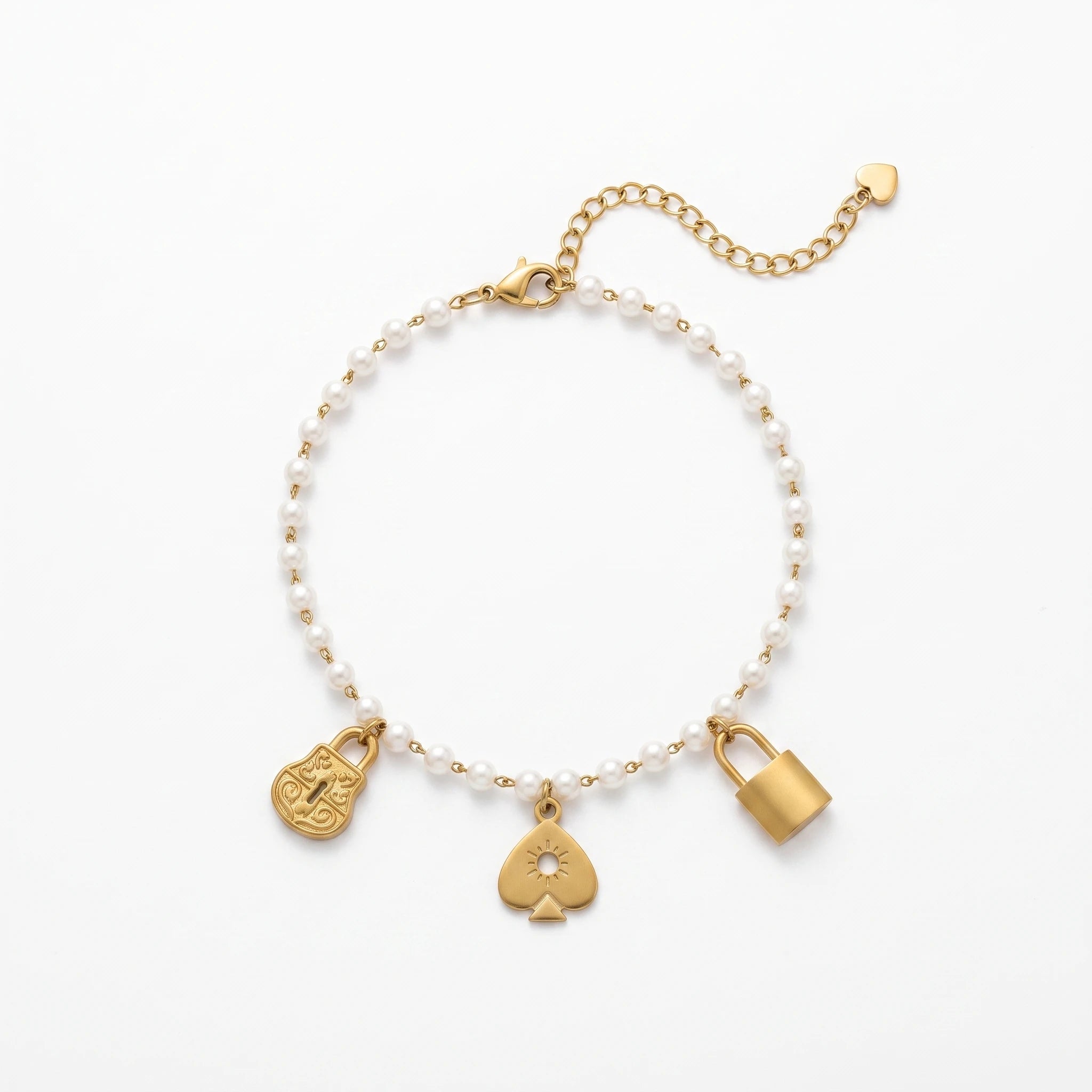 QIAOREN 13316 Pearl Anklet with Lock, Padlock & Sun Spade Charms, Retro Stackable Foot Jewelry Gift for Ladies Daily Casual Wear