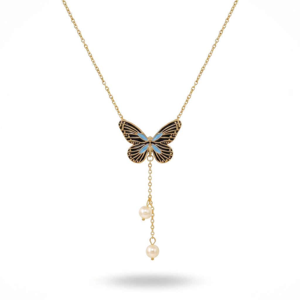 QIAOREN 13470 Vintage Enamel Butterfly Y Drop Necklace with Two Dangle Pearl Charms, Elegant Retro Neck Jewelry Gift