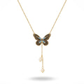 QIAOREN 13470 Vintage Enamel Butterfly Y Drop Necklace with Two Dangle Pearl Charms, Elegant Retro Neck Jewelry Gift