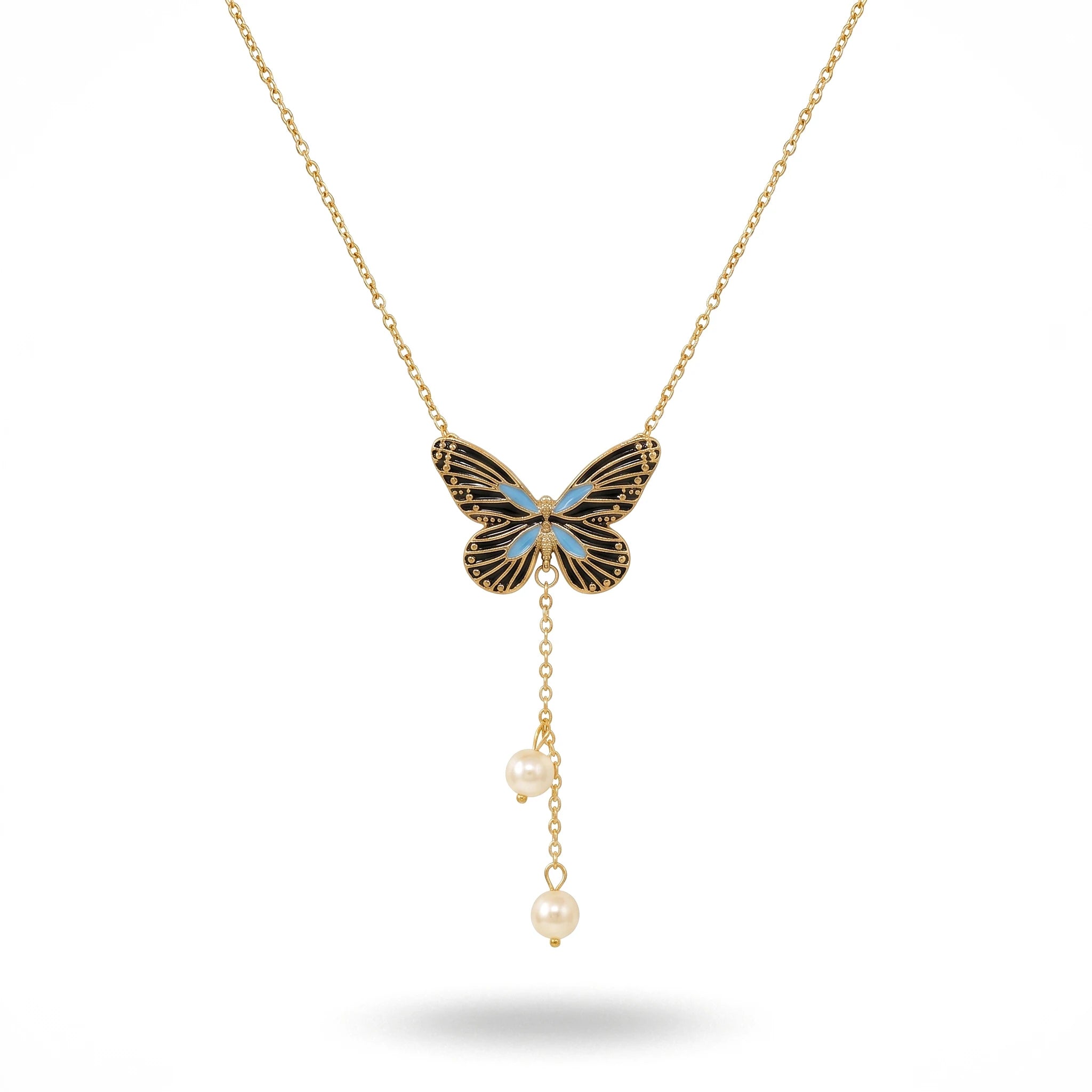 QIAOREN 13470 Vintage Enamel Butterfly Y Drop Necklace with Two Dangle Pearl Charms, Elegant Retro Neck Jewelry Gift