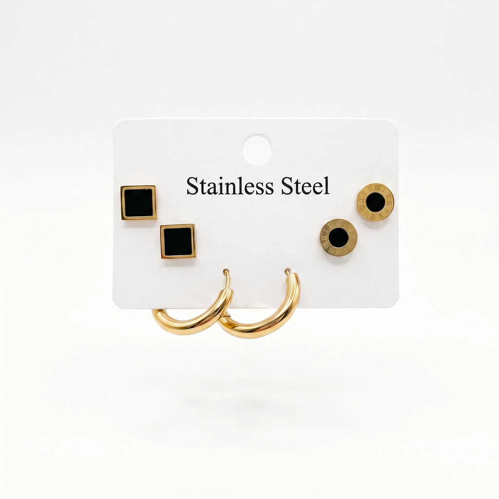 QIAOREN 14471 3 Pair Gold Stainless Steel Earrings Set, Square Black Enamel Studs, Roman Numeral Disc Studs & Chunky Earrings