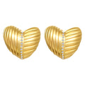 QIAOREN 12206 18K Gold Plated Striped Heart Stud Earrings Inlaid Zircon Stainless Steel Textured Love Ear Jewelry for Women