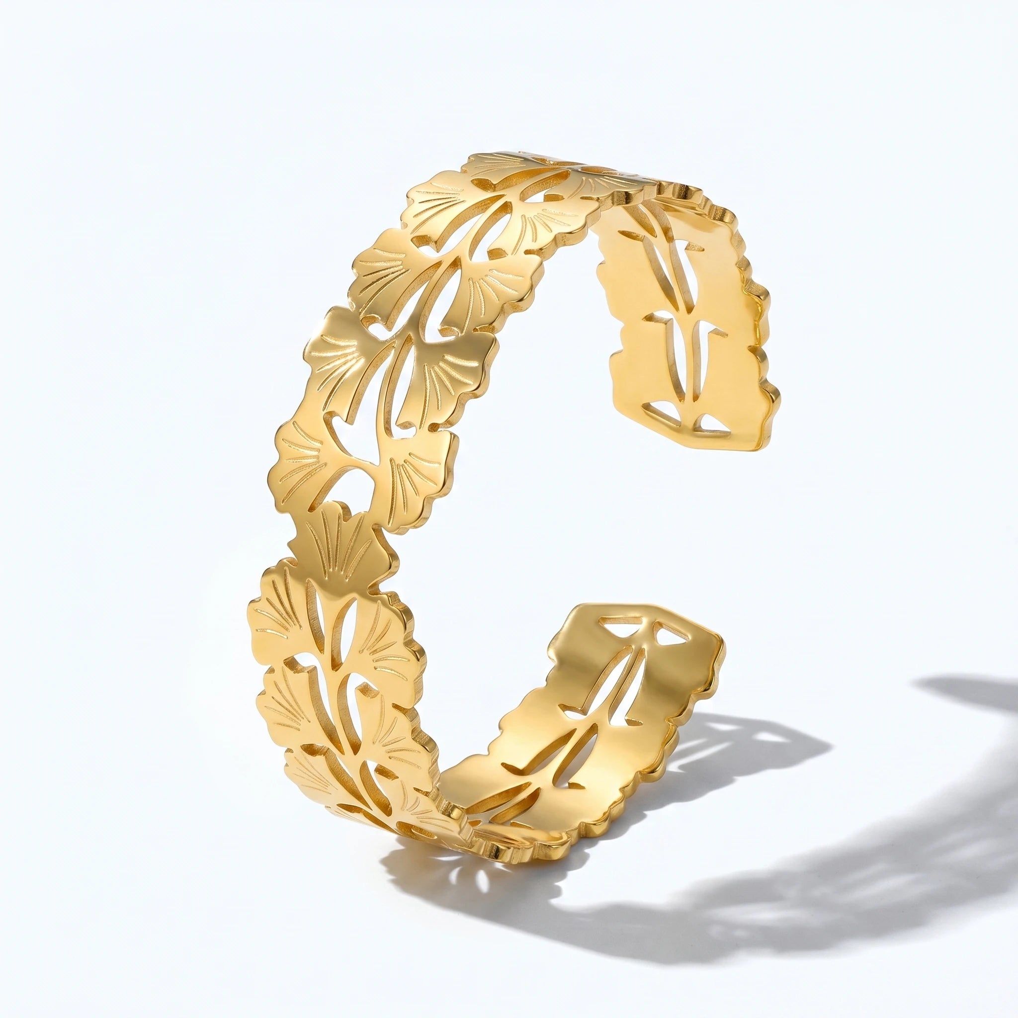 QIAOREN 12719  18K Gold Hollow Cutout Linked Ginkgo Leaf Wide Open Cuff Bracelet Stainless Steel Adjustable Nature Wrist Jewelry