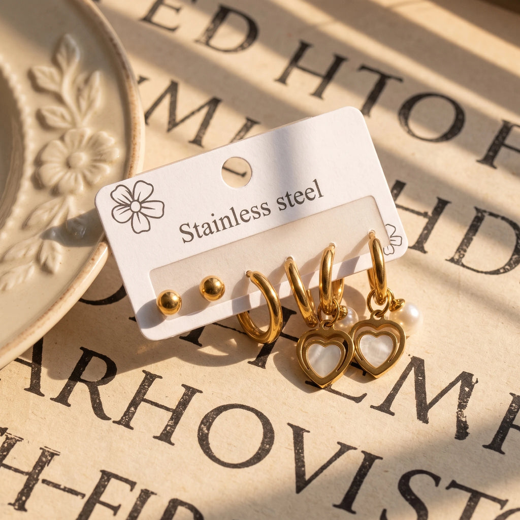QIAOREN 14501 3 Pcs Stainless Steel Gold Ball Studs Plain Double Layer Quartz Heart Pearl Dangle Earrings Multi Pack Gift