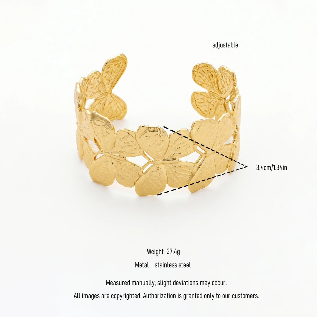 QIAOREN 12726 Vintage Interconnected Sculpted Butterfly Wide Cuff Bangle  Stainless Steel Gold Bracelet Bridal Birthday Gift
