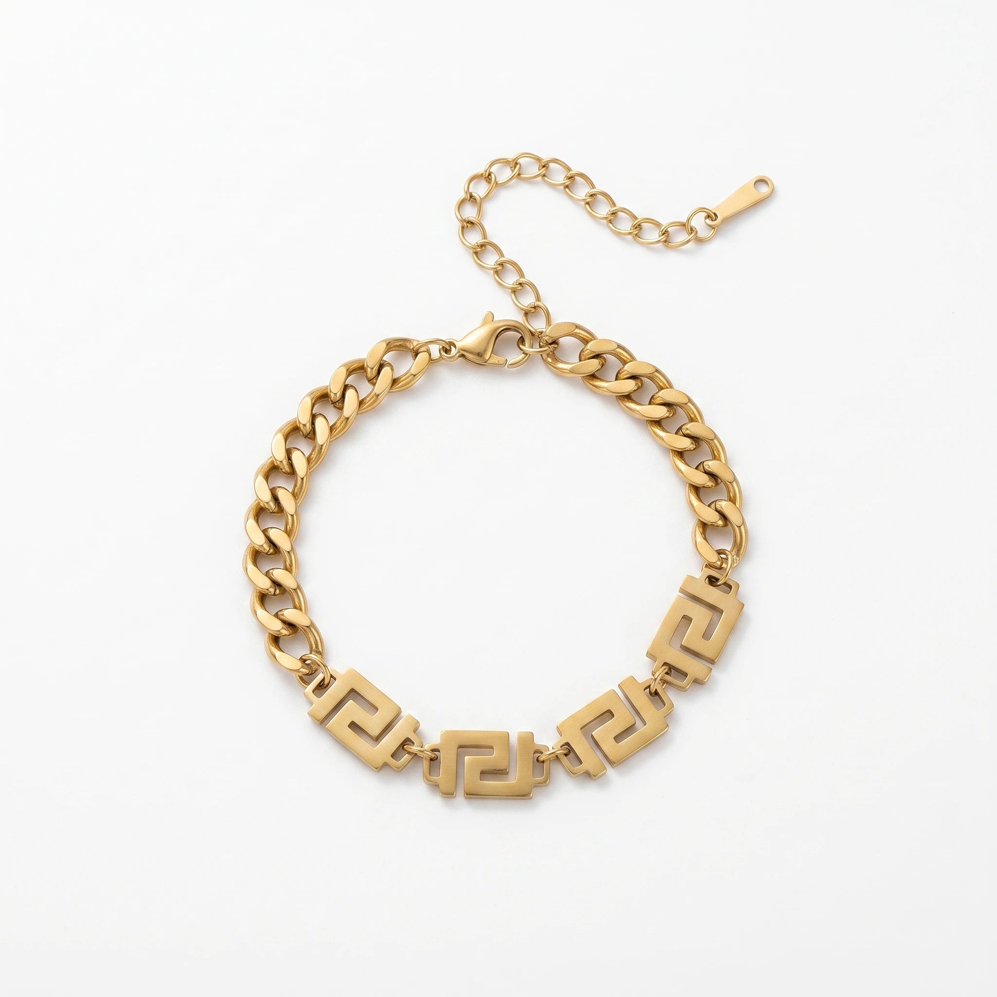 QIAOREN 13361 Gold Plated Stainless Steel Cuban Link Greek Key Bracelet Chunky Chain Statement Jewelry for Women