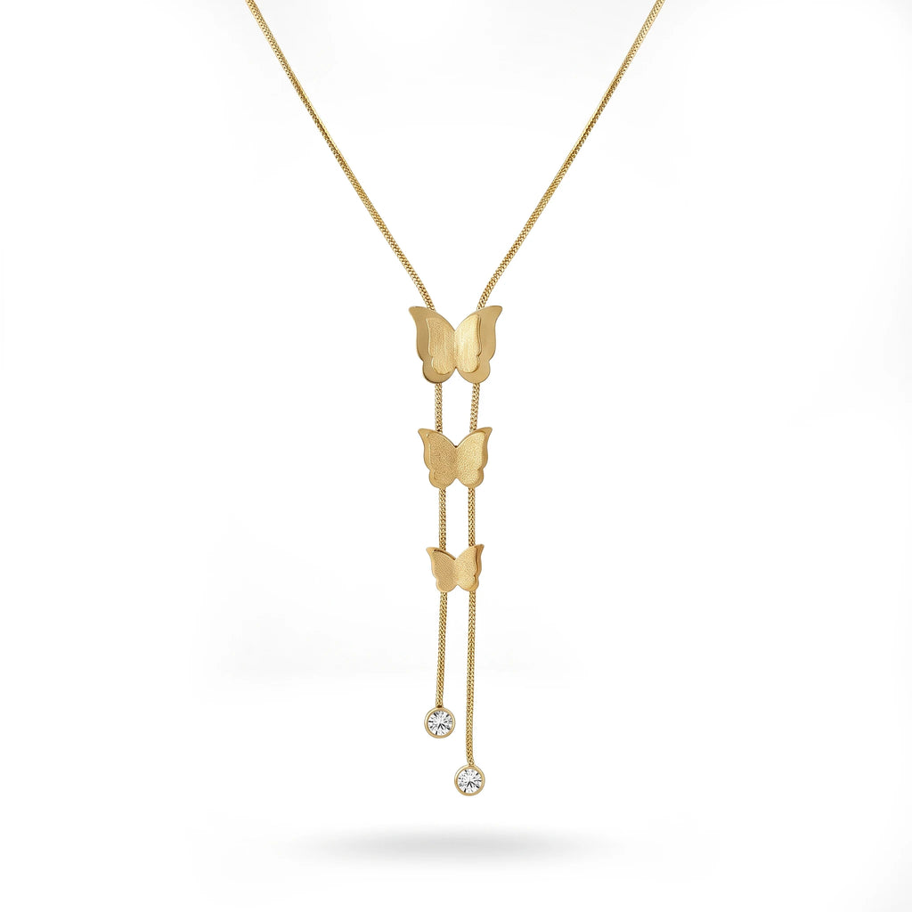 QIAOREN 13983 Smooth Snake Chain Y Drop Lariat Necklace with Three Graduated Matte Butterfly Charms & Two Round Bezel Set CZ