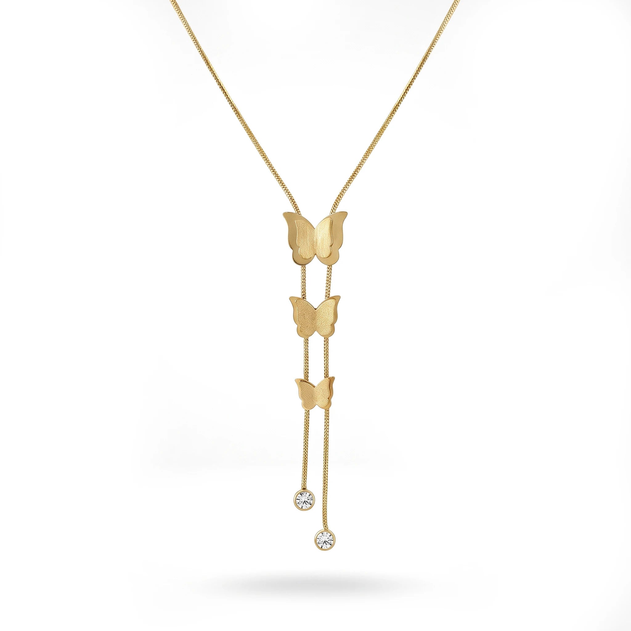 QIAOREN 13983 Smooth Snake Chain Y Drop Lariat Necklace with Three Graduated Matte Butterfly Charms & Two Round Bezel Set CZ