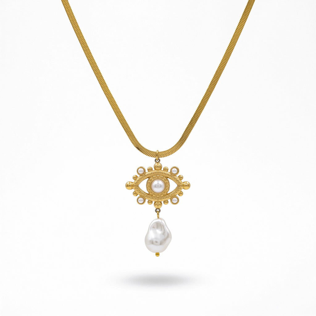 QIAOREN 13548 Stainless Steel Baroque Pearl Pendant Necklace Gold Herringbone Chain Vintage Statement Necklace for Women