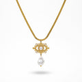 QIAOREN 13548 Stainless Steel Baroque Pearl Pendant Necklace Gold Herringbone Chain Vintage Statement Necklace for Women