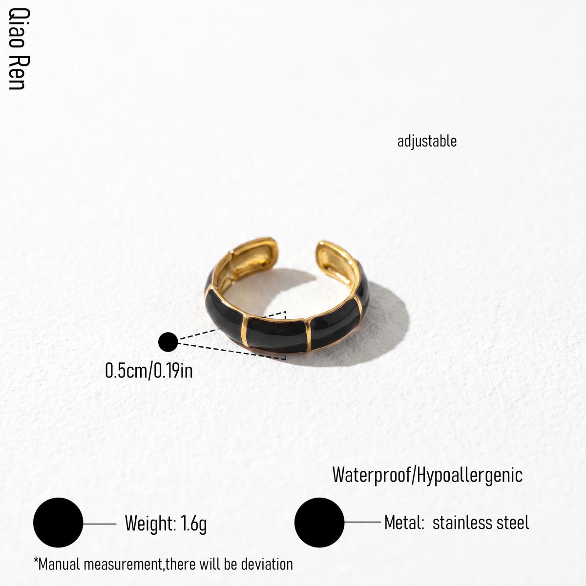QIAOREN 14226-31 Black Enamel Irregular Wave Open Ring Set, Abstract Curved Adjustable Stackable Ring Jewelry Gift