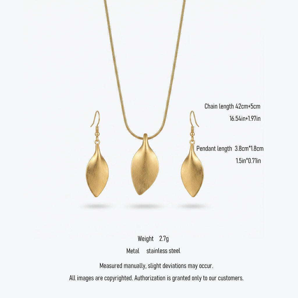 QIAOREN 11069 Luxury Matte Gold Leaf Jewelry Set Stainless Steel Pendant Necklace and Drop Earrings for Women