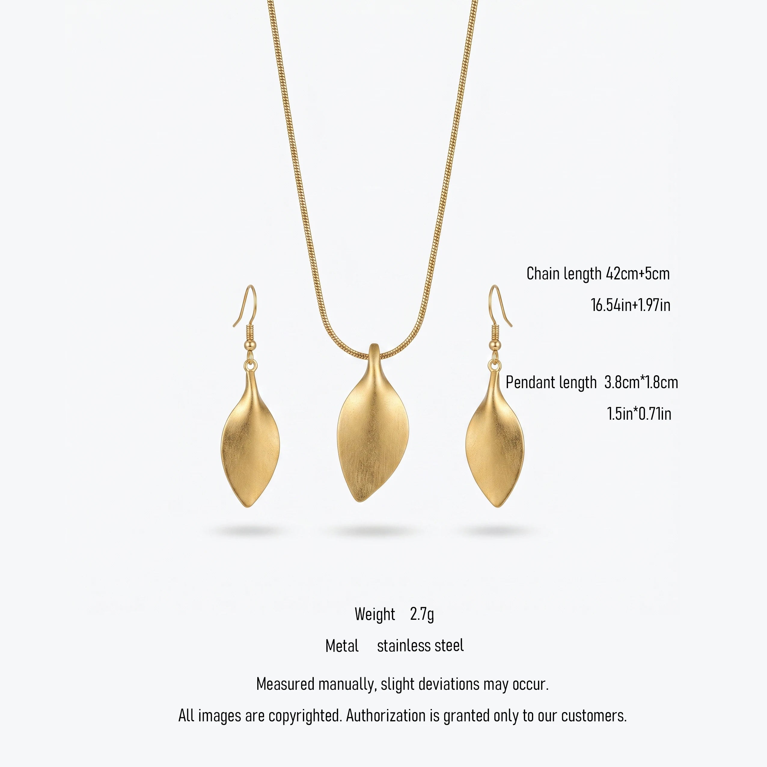 QIAOREN 11069 Luxury Matte Gold Leaf Jewelry Set Stainless Steel Pendant Necklace and Drop Earrings for Women