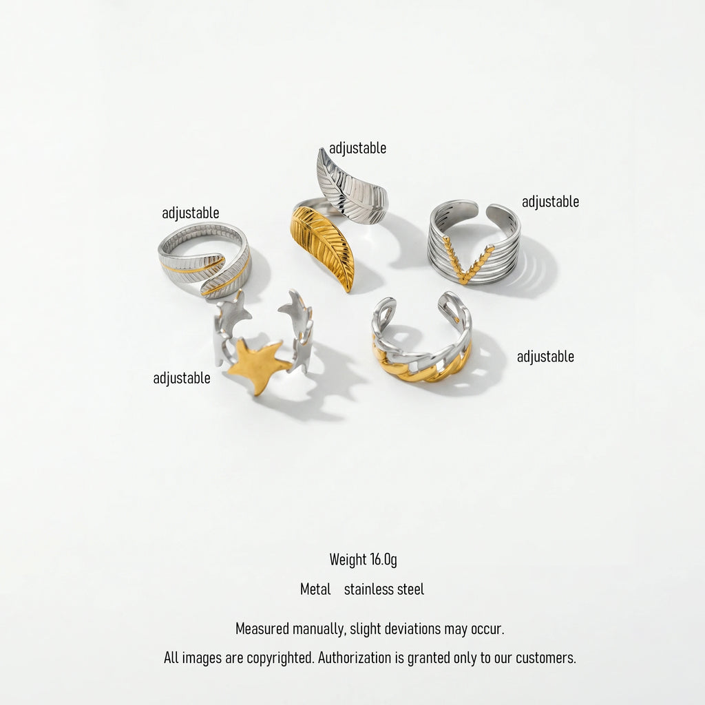 QIAOREN 12964-67 Gold Plated Stainless Steel Two Tone Snake Star Adjustable Rings Set Tarnish Free Waterproof Jewelry