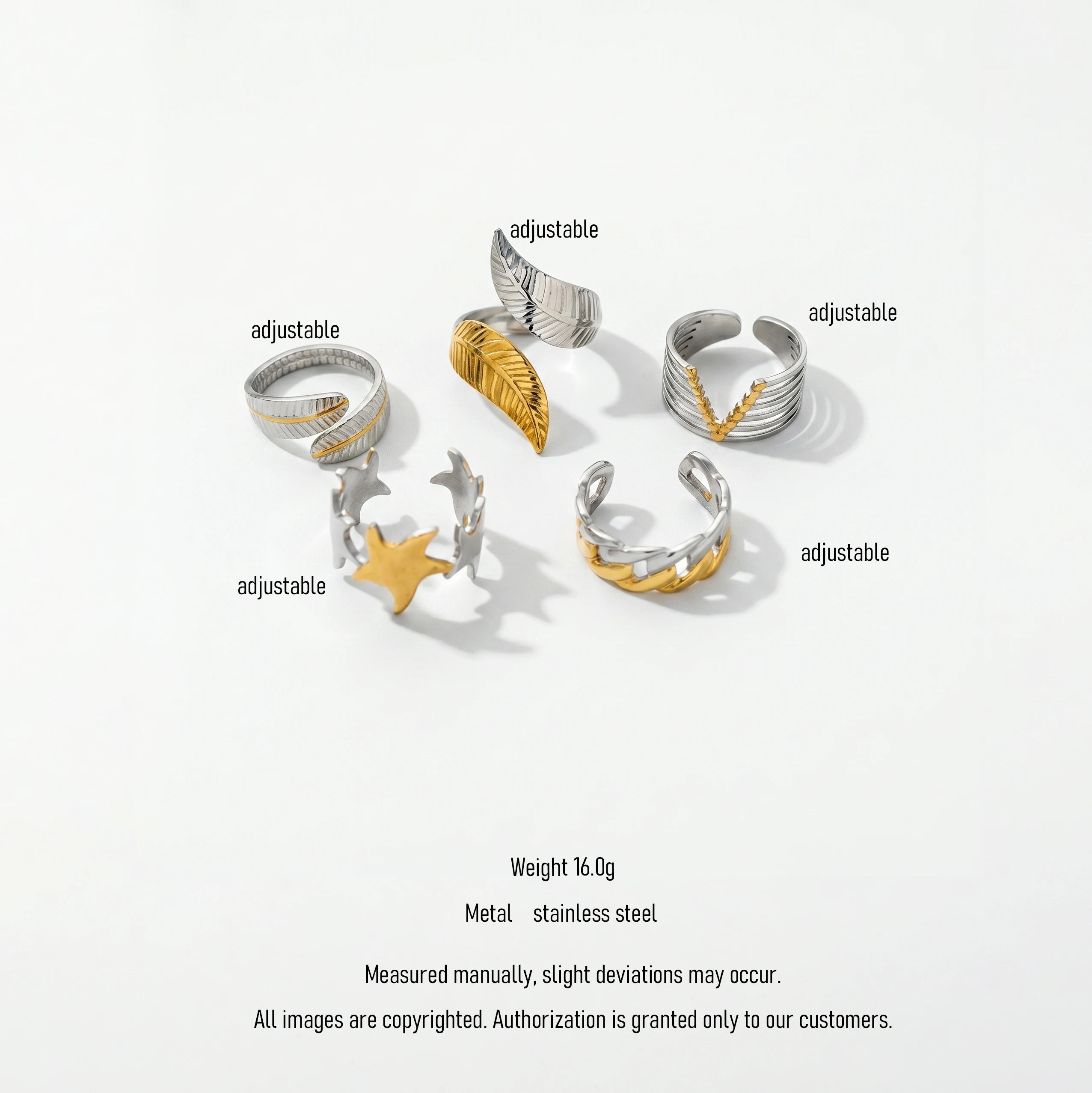 QIAOREN 12964-67 Gold Plated Stainless Steel Two Tone Snake Star Adjustable Rings Set Tarnish Free Waterproof Jewelry