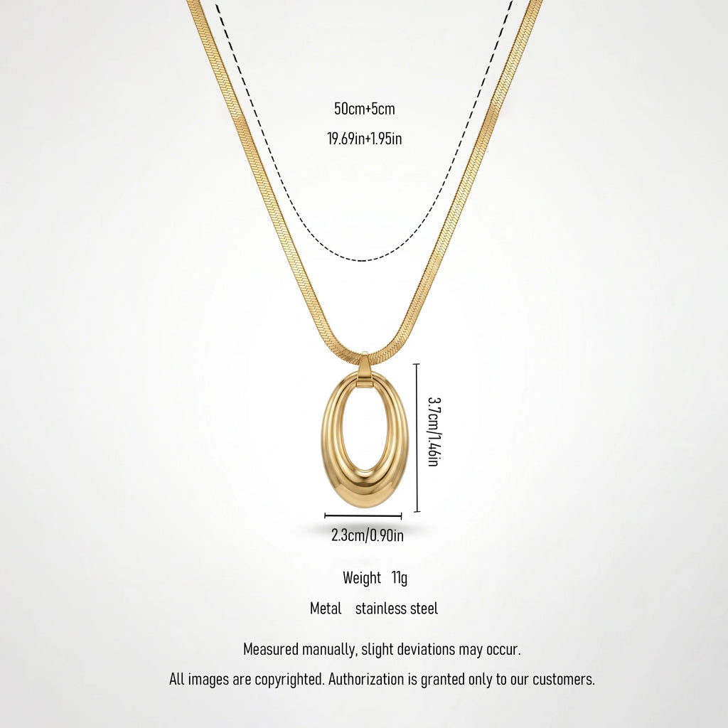 QIAOREN 13159 Gold Plated Oval Pendant Necklace Stainless Steel Herringbone Snake Chain Minimalist Statement Jewelry for Women