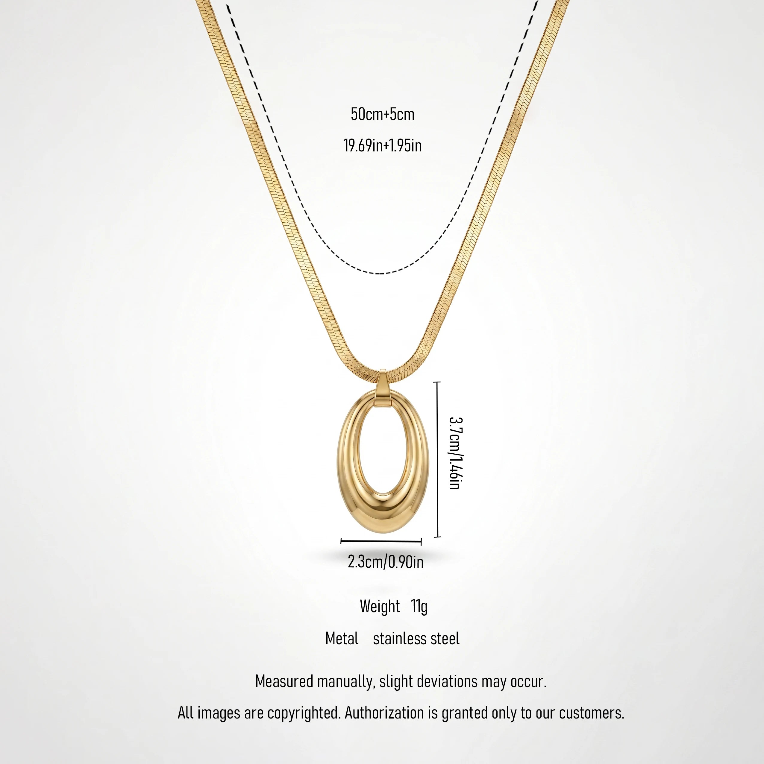 QIAOREN 13159 Gold Plated Oval Pendant Necklace Stainless Steel Herringbone Snake Chain Minimalist Statement Jewelry for Women
