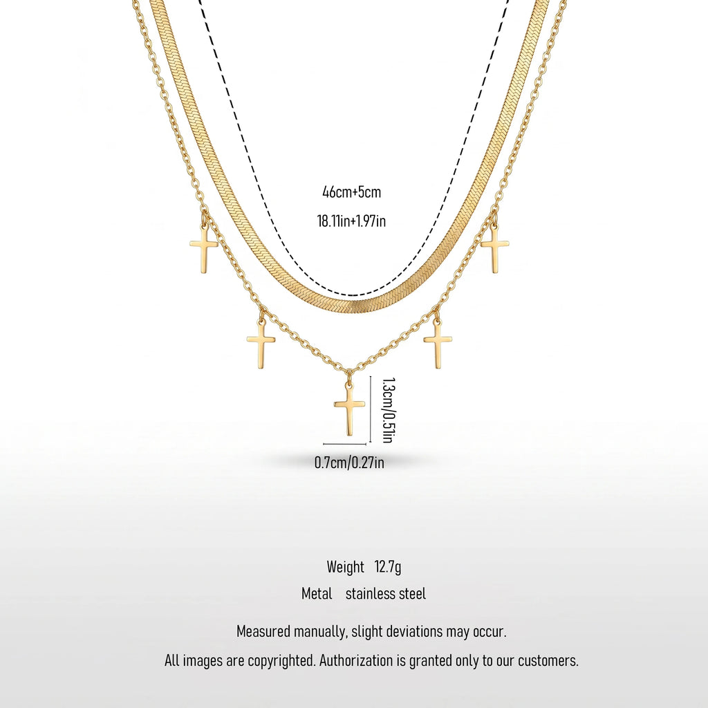 QIAOREN 11901 Women's 18K Gold Plated Stainless Steel Anti-Tarnish Double Layer Herringbone Chain Trendy Party Multiple Necklace
