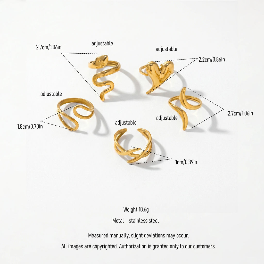 QIAOREN 13086-90 5Pcs 18K Gold Plated Stainless Steel Open Ring Set, Adjustable Stackable Heart Finger Rings
