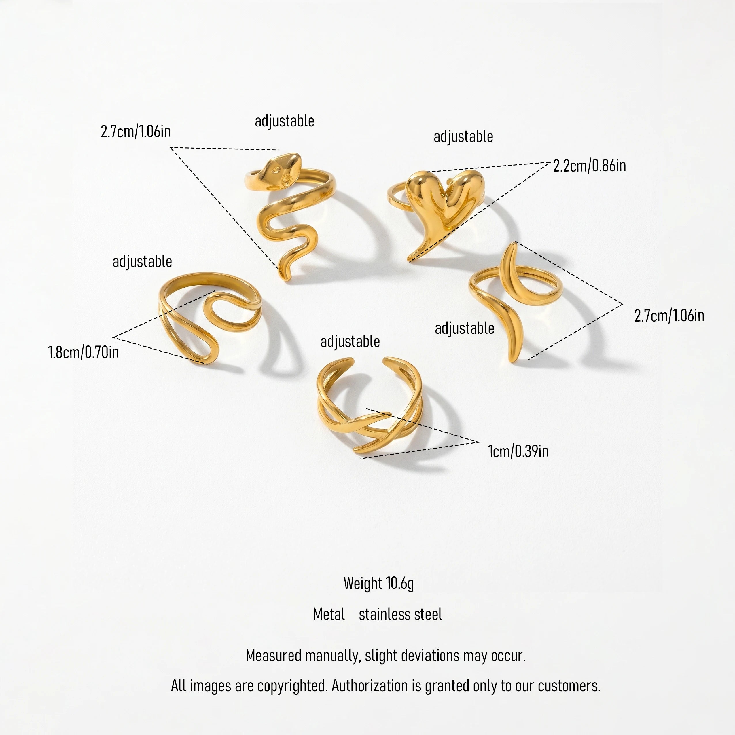 QIAOREN 13086-90 5Pcs 18K Gold Plated Stainless Steel Open Ring Set, Adjustable Stackable Heart Finger Rings