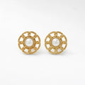 QIAOREN 12264 Trendy French Vintage Pearl Stud Earrings Gold Stainless Steel Interlocking Curb Chain Link Openwork Jewelry Women
