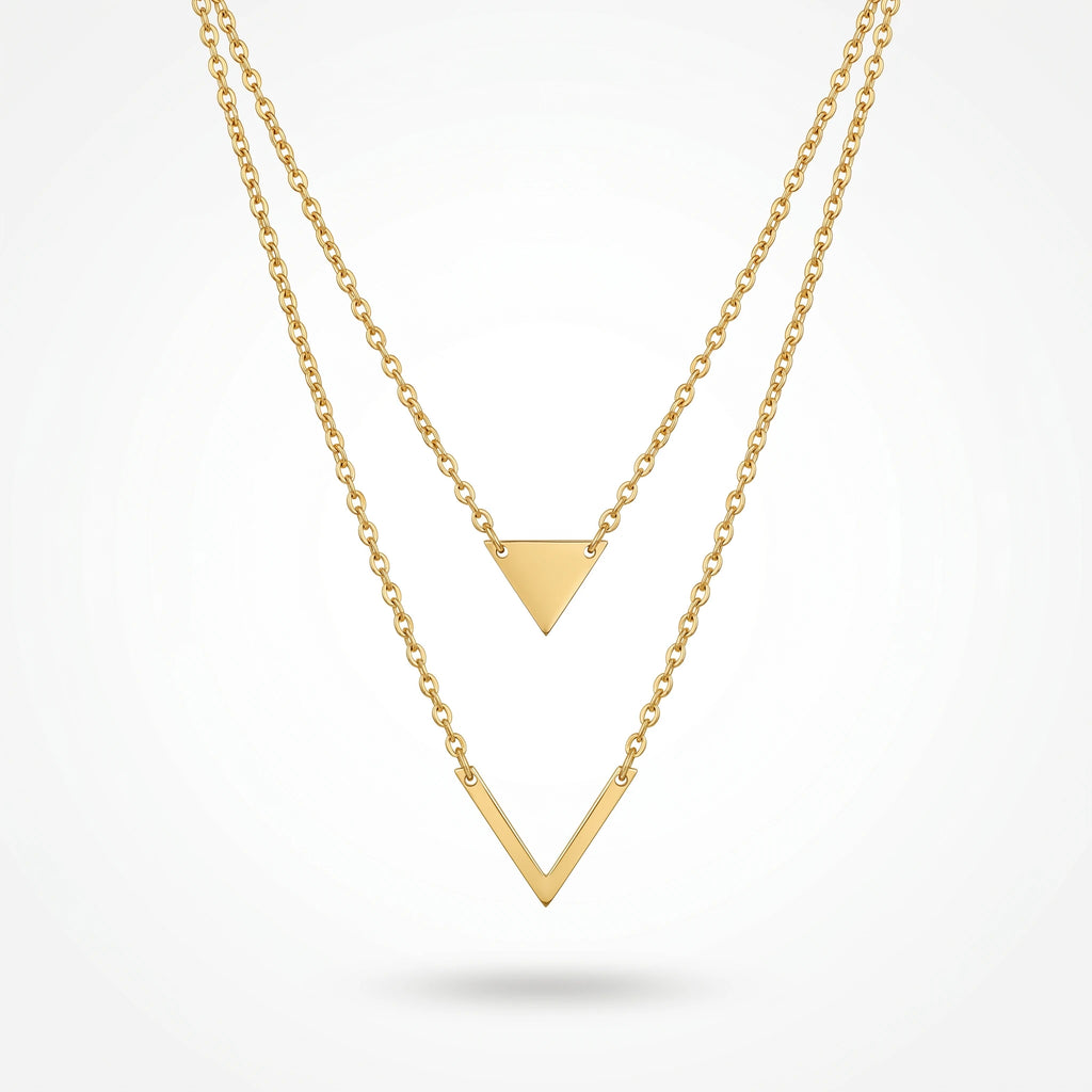 QIAOREN 11799 18K Gold Plated Stainless Steel Tarnish-Resistant Geometric Double Layer Triangle & Chevron Necklace