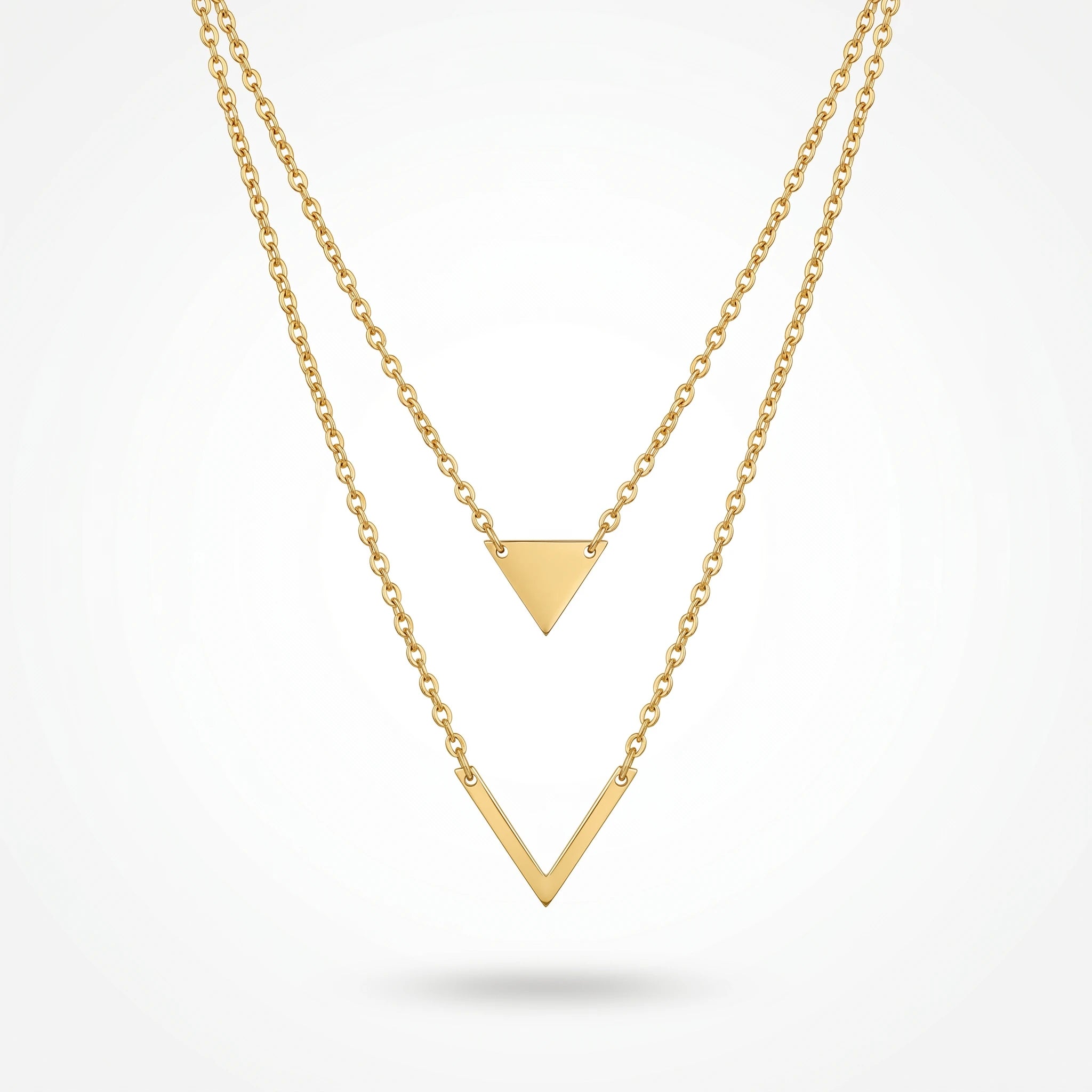QIAOREN 11799 18K Gold Plated Stainless Steel Tarnish-Resistant Geometric Double Layer Triangle & Chevron Necklace