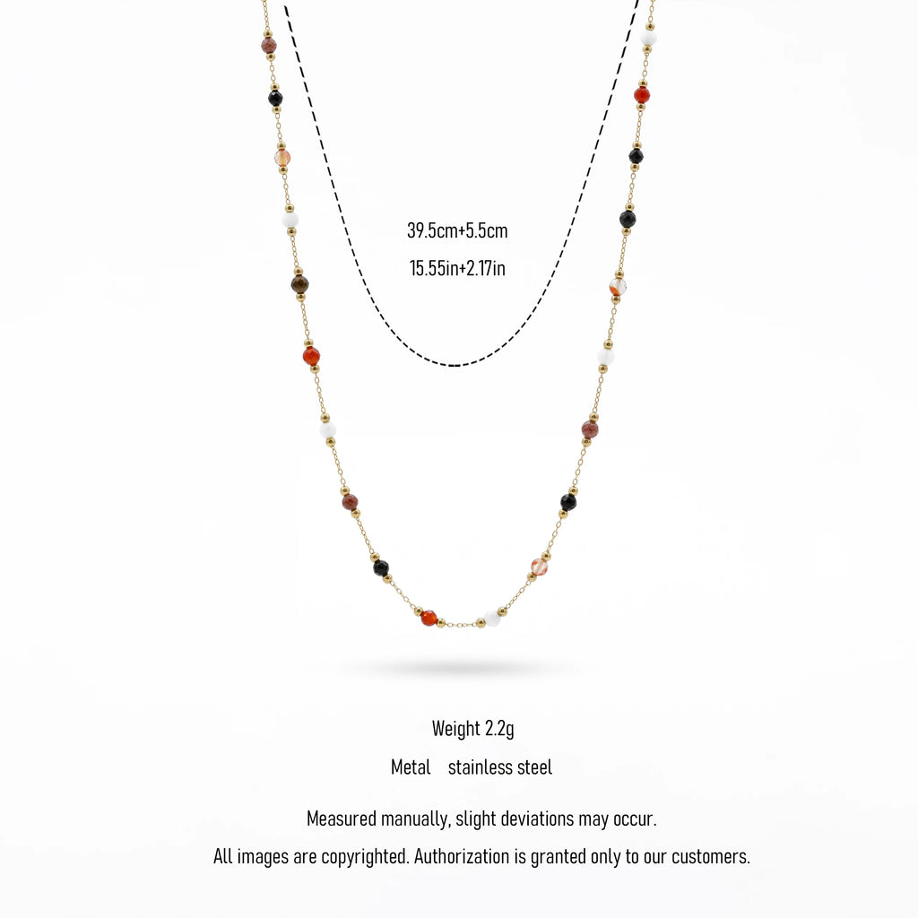 QIAOREN 13534 Mixed Stone Stainless Steel Necklace, Red Agate Black Onyx White Jade Faceted Round Beads