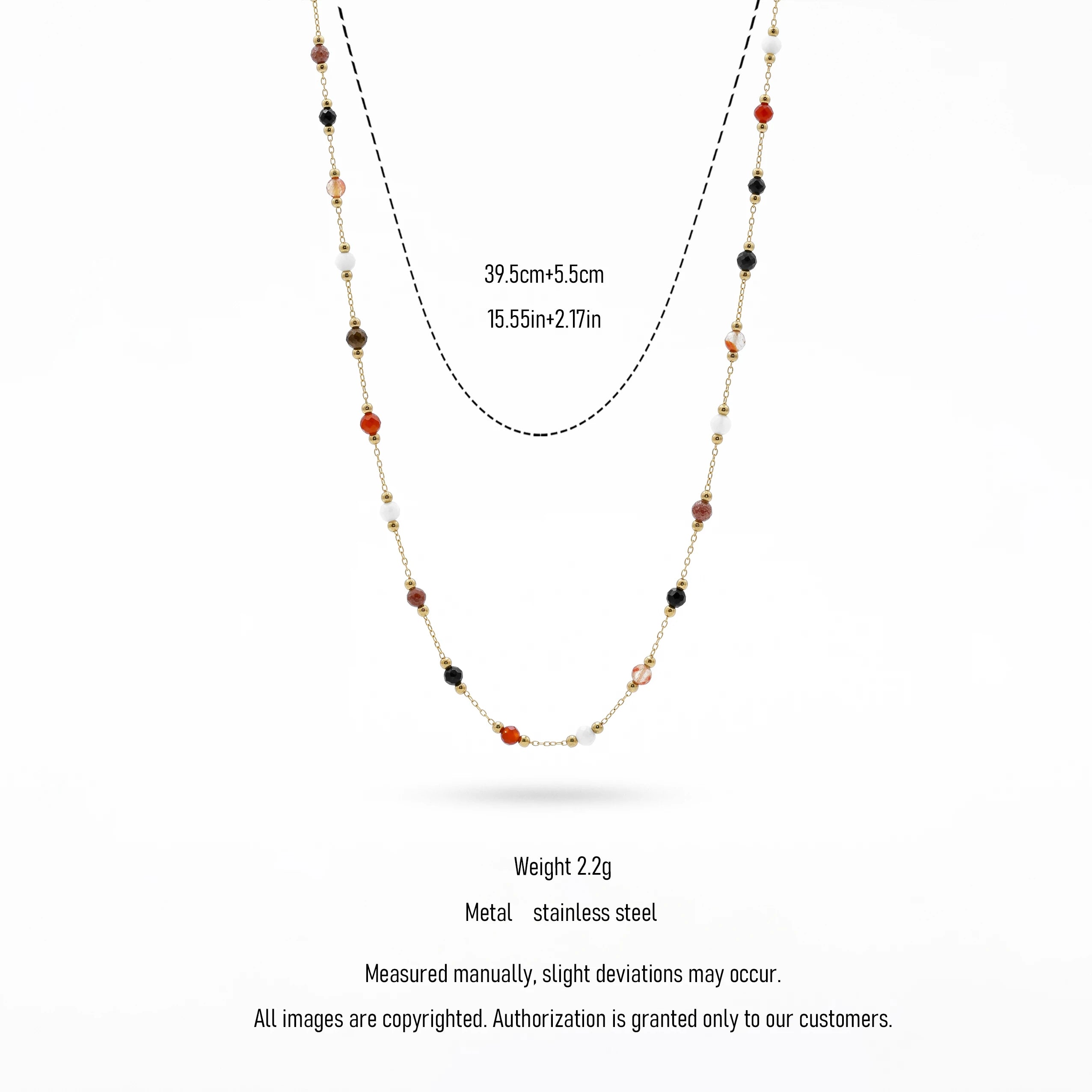 QIAOREN 13534 Mixed Stone Stainless Steel Necklace, Red Agate Black Onyx White Jade Faceted Round Beads